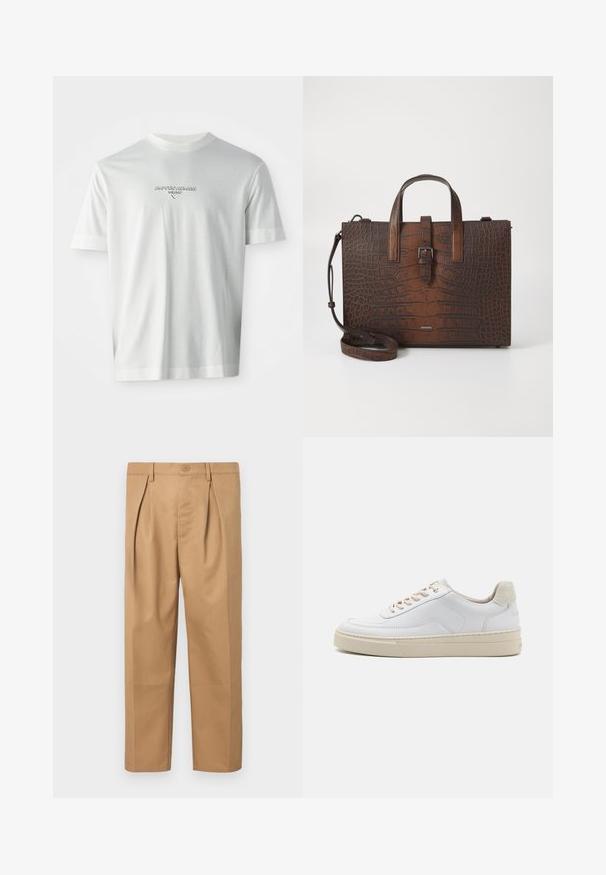 White short-sleeve T-shirt with "EMPORIO ARMANI MILANO" logo centered on the chest in subtle raised lettering.; Tan cotton trousers featuring a relaxed fit, pleated design, waistband with button closure, and straight leg cut. Smooth texture with no patterns.; White sneaker featuring a smooth leather upper, beige laces, and a textured beige suede heel tab. Elevated sole for added height.; Brown crocodile-embossed leather handbag with top handles and a detachable shoulder strap. Features a buckle closure and rectangular shape.