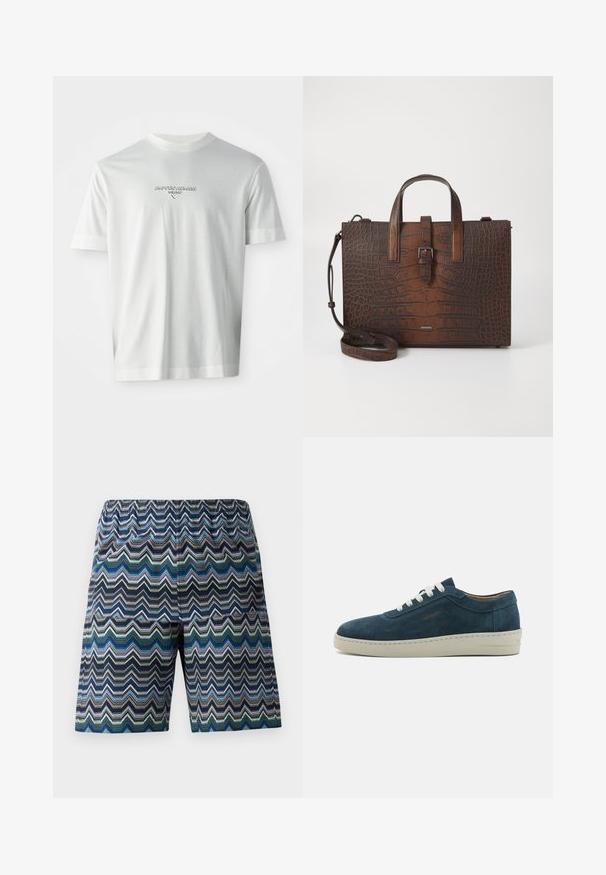 Biele tričko s krátkym rukávom s logom "EMPORIO ARMANI MILANO" umiestneným na hrudi v jemne vystúpenom písme.; pánske šortky s cik-cak vzorom v modrej, zelenej a čiernej farbe. Elastický pás, dĺžka po kolená a ľahký materiál.; Modré semišové tenisky s zaoblenou špičkou, bielymi šnúrkami a gumovou podrážkou. Obsahujú jemné šitie a značkový akcent na boku.; Hnedá kabelka z kože s embosovaným vzorom krokodíla, vybavená hornými držadlami a odnímateľným ramenným popruhom. Má prackové zapínanie a obdĺžnikový tvar.