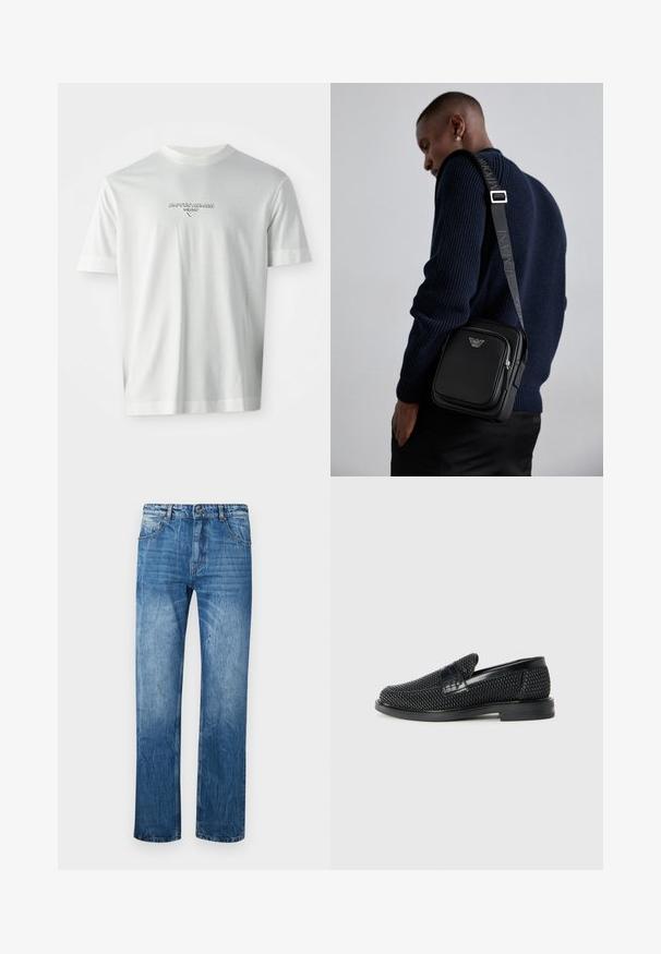 Hvit T-skjorte med kort erm og "EMPORIO ARMANI MILANO"-logo i subtil hevet skrift, plassert sentrert på brystet.; Blå denimjeans med rett snitt, med fem lommer, beltehemper og subtil falming over stoffet.; Sorte vevde slip-on sko med en glatt lærdetalj på overdelen, design med rund tå og en lavprofil gummisåle.; Svart lær crossbody-veske med en glidelåslomme, logo-detalj og justerbar rem med merke. Båret mot en teksturert marineblå genser.