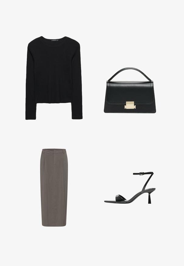 Črna dolga majica z dolgimi rokavi iz teksturirane tkanine. Ima okroglo izrez in kratek kroj z oprijetimi rokavi. Brez vidnih vzorcev.; Siva svila krilna s čisto silhueto, ki ima sprednje naborke, pas in gladko teksturo. Brez vidnih zapiral in žepov.; Bershka Sandali z visoko peto - black; Črna usnjena torbica z strukturiranim dizajnom, zgornjim ročajem in zlate kovinske sponke na sprednji strani. Gladka tekstura, minimalno šivanje.
