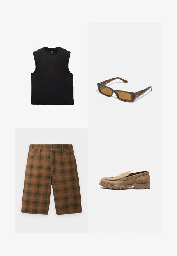 T-shirt en coton noir sans manches avec un col rond, une coupe décontractée et des détails de ourlet cousus. Texture lisse, design simple.; Shorts à carreaux marron avec un motif texturé, présentant une coupe classique, cinq poches et des accessoires en métal à la taille.; Mocassins en daim beige avec un bout arrondi, semelle en caoutchouc plate et coutures décoratives sur la tige. Dispose d'un design à enfiler sans lacets.; Lunettes de soleil rectangulaires marron avec des montures marron foncé, des verres teintés ambre et un logo argenté sur la temp temple. Texture lisse et mate.