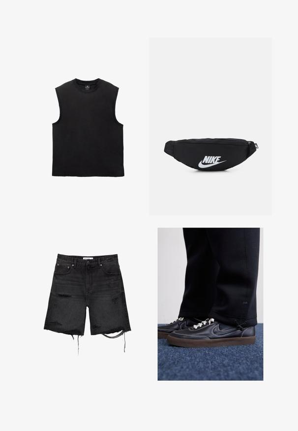 Fekete ujjatlan pamut póló, kerek nyakkivágással, laza fazonnal és varrott szegélyrészletekkel. Simaság, egyszerű dizájn.; PULL&BEAR BERMUDA - Farmer rövidnadrágok - black; Nike Sportswear KILLSHOT 2 LTR PRM OPP2 - Sportcipő - black sail baroque brown mtlc dk grey; Fekete nylon övtáska cipzáras záródással, nagy fehér Nike logóval. Simma textúra és ergonómikus kialakítás a kényelmes viselet érdekében.
