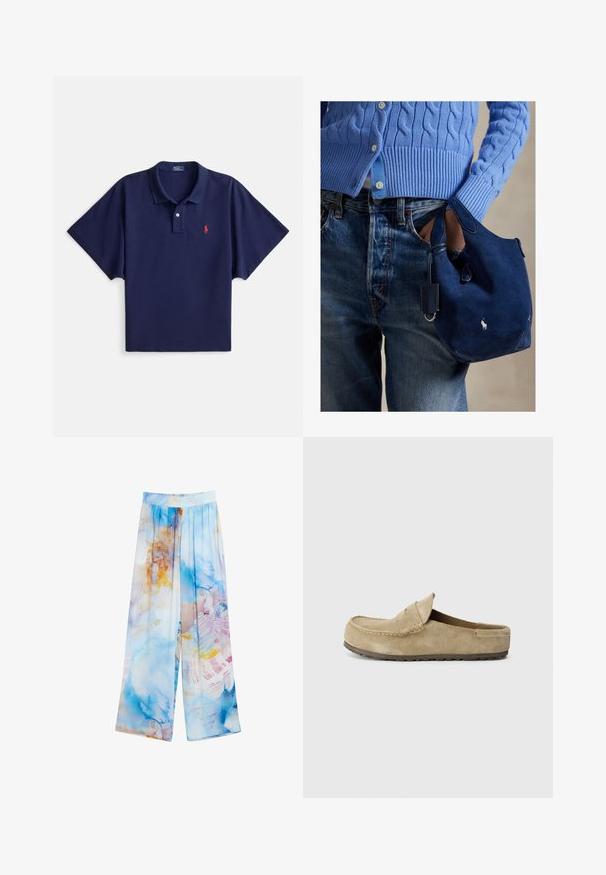 Marineblauw poloshirt van gestructureerde stof, voorzien van een klassieke kraag, korte mouwen en een klein rood logo op de linkerborst.; Lichte, wijde broek met een blauw en oranje aquarelpatroon. Elastische tailleband, zachte stoftextuur en vloeiende silhoutte.; Birkenstock NAPLES WRAPPED LEVE TAUPEN - REGULAR - Muiltjes - taupe; Marineblauwe suède handtas met zachte textuur, dubbele handvatten en een klein bevestigd label. Voorzien van een wit logo aan de voorkant en een afgeronde onderkant.