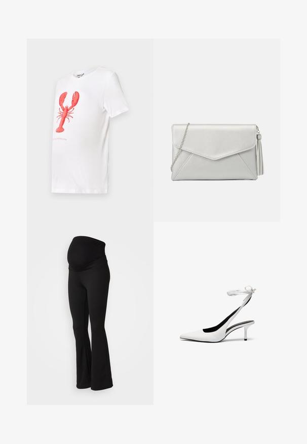 Hvid bomulds T-shirt med et rødt hummer grafik i midten. Teksten under grafikken lyder: "Bare kald mig selvfisk.") Korte ærmer.; Sorte graviditetsleggings med bred, strækbar talje, flagrende design og blød stofstruktur, der er velegnet til komfort og støtte.; Hvide spidse slingback hæle med en tynd ankelrem. Glat lædermateriale, tynd stilethæl og en sort inderside.; Sølv syntetisk læder clutchtaske med en kuvert-design, kædesnor og en frynse detalje på den ene side, der har vinkelformede sømme.