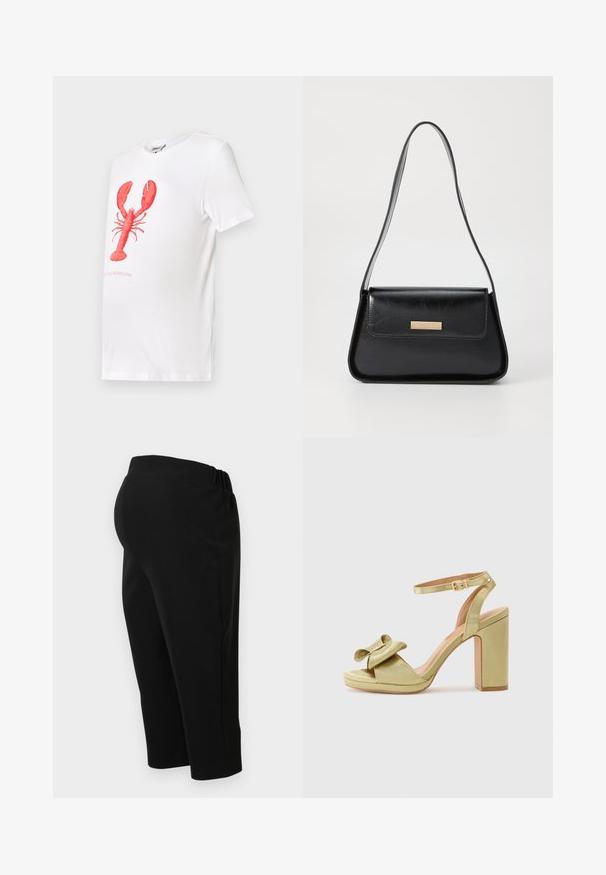 Camiseta branca de algodão com um gráfico de lagosta vermelha ao centro. O texto abaixo do gráfico diz: "Só me chame de egoísta." Mangas curtas.; Calças de maternidade pretas com cintura elástica e pernas retas, mostradas de lado contra um fundo branco.; Sandal de salto alto em cetim verde com um laço detalhe na tira da frente, tira ajustável no tornozelo e um salto quadrado grosso.; Bolsa de couro preta com uma forma triangular estruturada, alça fina e metalização dourada, apresentando uma placa de logotipo no flap frontal.