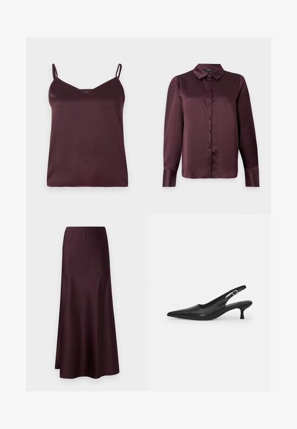 Burgundská saténová tílko s tenkými nastavujícími se ramínky a výstřihem do V. Hladký povrch, jednoduchý design a žádné viditelné vzory nebo akcenty.; Burgundská saténová košile na knoflíky s klasickým límcem, dlouhými rukávy a hladkým povrchem. Disponuje předním zapínáním s odpovídajícími knoflíky.; Bordó saténová midi sukně s hladkou texturou, přiléhavým pasem a volně splývajícím lemem, s bočním rozparkem pro snadný pohyb.; Černá kožená nazouvací bota se špičatou špičkou a štíhlým zakřiveným podpatkem. Obsahuje diskrétní nastavitelný pásek s kovovou sponou.