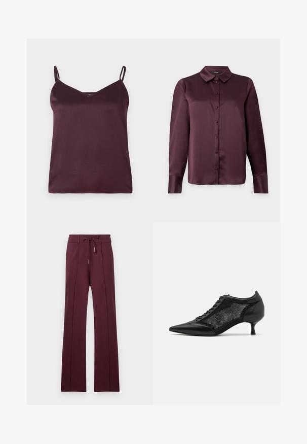 Burgundy satin camisole with thin adjustable straps and a V-neckline. Smooth texture, simple design, and no visible patterns or accents.; Burgundy satin button-up blouse with a classic collar, long sleeves, and a smooth texture. Features front placket with matching buttons.; Burgundy wide-leg trousers made of soft fabric with a drawstring waistband and front pleats. Flat hem and smooth texture.; Black pointed-toe shoe with a mesh panel design, featuring a low heel and lace-up front. Made from a combination of leather and mesh material.