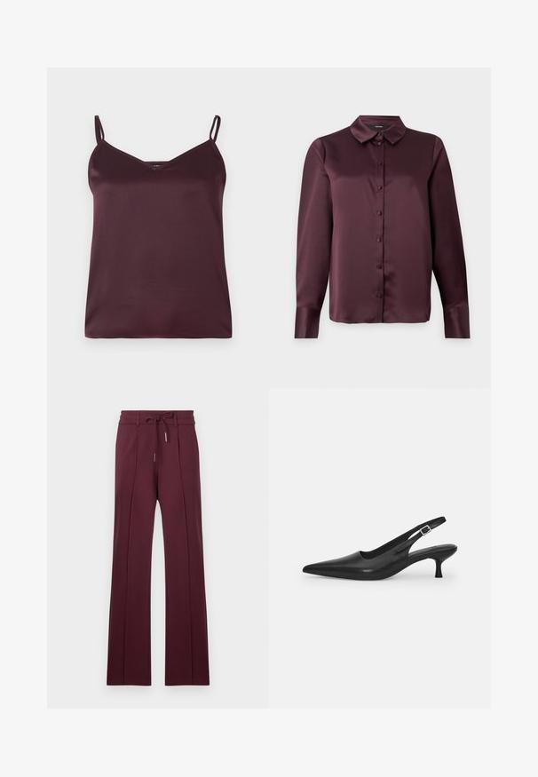 Burgunderfarbenes Satin-Camisole mit dünnen verstellbaren Trägern und V-Ausschnitt. Glatte Textur, schlichtes Design und keine sichtbaren Muster oder Akzente.; Burgunder satinierte Bluse mit klassischem Kragen, langen Ärmeln und glatter Textur. Verfügt über eine Vorderpatte mit passenden Knöpfen.; Burgunderfarbene weitgeschnittene Hose aus weichem Stoff mit einem Kordelzugbund und vorderen Falten. Flauschiger Saum und glatte Textur.; Schwarzer Leder-Slingback-Schuh mit spitzer Zehenform und schmalem, geschwungenem Absatz. Verfügt über einen unauffälligen verstellbaren Riemen mit einer Metallschnalle.