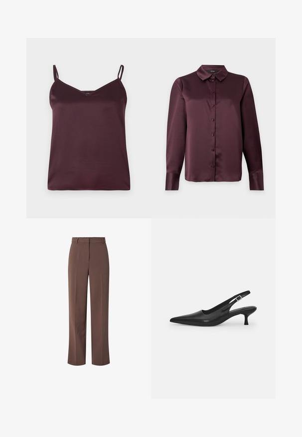 Bordo saténová tielko s tenkými nastaviteľnými ramienkami a výstrihom do V. Hladká textúra, jednoduchý dizajn a žiadne viditeľné vzory alebo akcenty.; Burgundská saténová blúzka s gombíkmi, klasickým golierom a dlhými rukávmi, s hladkou textúrou. Obsahuje predný pánt s ladiacimi gombíkmi.; Hnedé nohavice s vysokým pásom, strihané na mieru, s pútkami na opasok a predným zipsom, s rovnými nohavicami.; Čierne kožené sandále s úzkym špičatým prstom a štíhlym zakriveným podpätkom. Majú diskrétny nastaviteľný popruh s kovovou sponou.