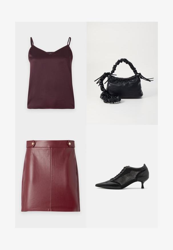 Bordeaux satijnen camisole met dunne verstelbare bandjes en een V-halslijn. Glad textuur, eenvoudig ontwerp, en geen zichtbare patronen of accenten.; Bordeaux leren minirok met een gladde textuur, voorzien van een aansluitend ontwerp, zijpanelen en twee goudkleurige knopen op de tailleband.; Zwarte schoen met spitse neus en een ontwerp met gaaspanelen, voorzien van een lage hak en vetersluiting. Gemaakt van een combinatie van leer en gaasmateriaal.; Zwarte nepleer handtas met een krokodillenstructuur, opgedroogde bovenkant en een gekreukte hengsel. Het lijkt zacht en compact van ontwerp.