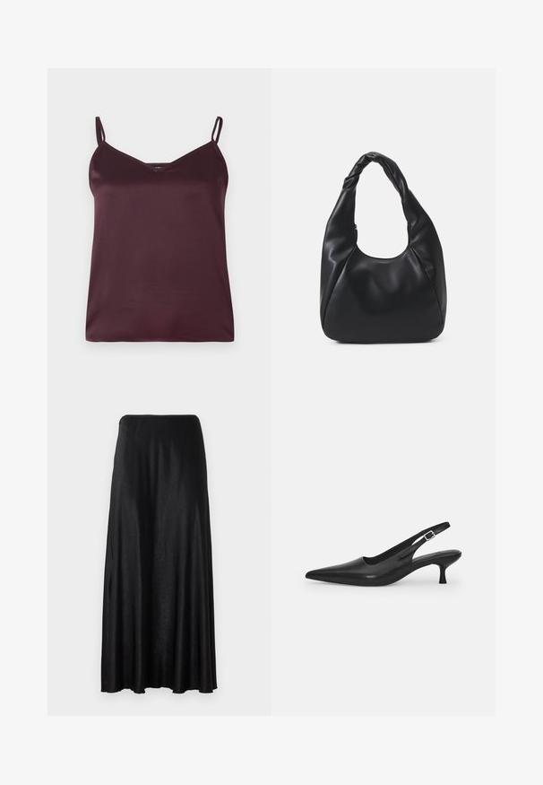 Burgundi satino camisole'as su plonomis reguliuojamomis petnešėlėmis ir V formos iškirpte. Lygus paviršius, paprastas dizainas, be matomų raštų ar akcentų.; Juodas, iki žemės ilgio sijonas, pagamintas iš lygaus, lengvo audinio. Turi paprastą, be siūlių dizainą su elastinga juosmens juosta.; Juodos odinės slingback bateliai su smailiu nosiu ir plonu, lenktu kulnu. Yra diskretiška reguliuojama juostelė su metaliniu sagtimi.; Juodas hobo krepšys, pagamintas iš lygaus odos panašaus materiaus, su susuktos rankenos, turintis minkštą, apvalią formą ir viršutinį užtrauktuką.