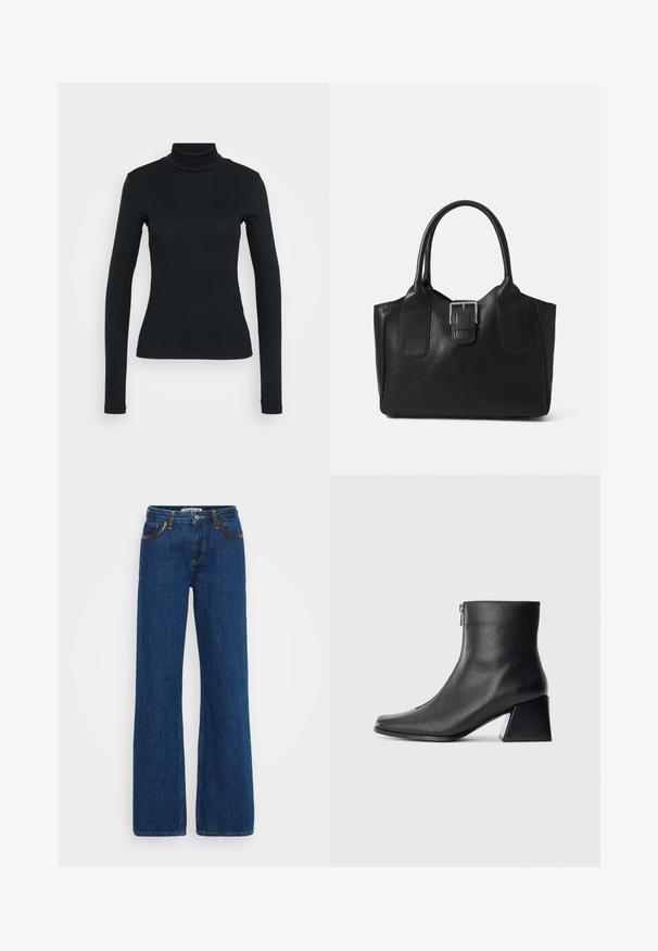 Sweater de malha canelada de manga longa e gola alta, na cor preta, com silhueta ajustada, em fundo claro e simples.; Calças de ganga azuis em corte flare com costura de contraste, design de cinco bolsos e fecho com zip. O tecido tem uma textura suave com um leve desbotamento.; Bota de tornozelo em couro preto com bico quadrado, fecho lateral e salto bloco contra um fundo claro plano.; Bolsa tote de couro preta com textura suave, forma estruturada, duas alças e um destaque prateado proeminente na parte da frente.