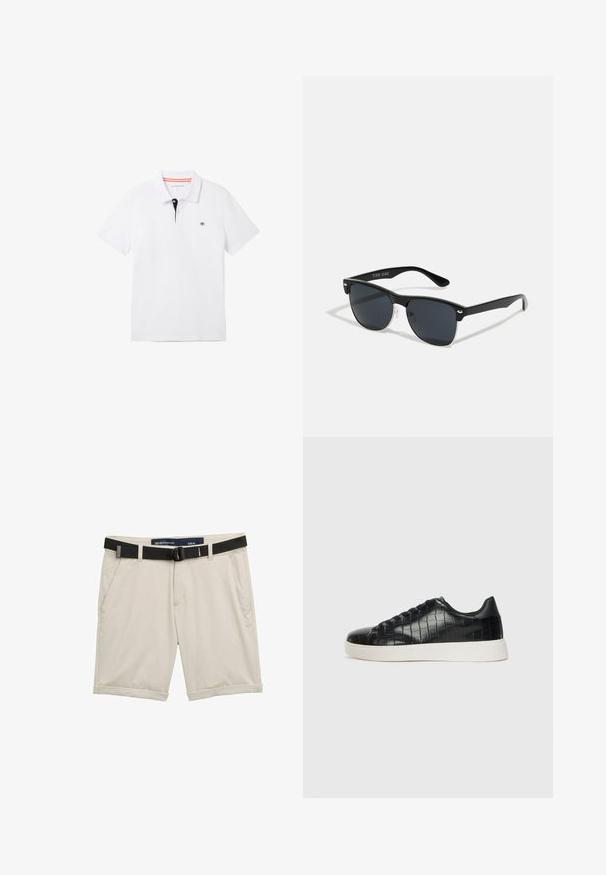 T-shirt polo blanc avec un col noir rehaussé d'orange, à manches courtes et avec un petit logo sur la poitrine. Fabriqué en un mélange de coton respirant.; Shorts beiges avec une ceinture réglable noire. Fabriqués en tissu léger, ils disposent de poches latérales et de revers pour un look décontracté. Taille M.; Baskets noires avec un dessus en cuir gaufré effet crocodile, bout rond et semelle en caoutchouc blanc contrastant avec une finition lisse.; Lunettes de soleil noires de forme rectangulaire, verres foncés, accents argentés aux tempes et finition mate sur la monture.