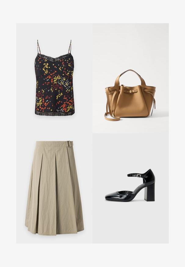 Črna cvetna majica brez rokavov s patterni rdečih, rumenih in belih cvetov. Čipkast rob pri izrezu in ob robu, s tankimi nastavljivimi naramnicami.; Bež plisirana krila z gladko teksturo, ki ima zanka za pas in A-linijo, zasnovana s krojem do kolen.; Črne lakirane usnjene čevlje s peto, kvadratnim izrezom, trakovi okrog gležnja in masivno peto. Vsebujejo perforirane detajle ob robu.; Tory Burch ROMY PEBBLED SATCHEL - Torbica - tiramisu