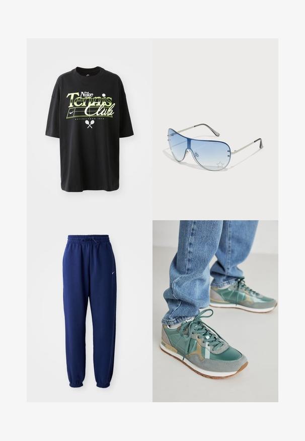 T-shirt preta de algodão com mangas curtas, apresentando um gráfico em verde e branco "Nike Tennis Club", ilustrações de bola de ténis e raquete.; Calças de fato de treino azul marinho feitas de um tecido suave, com uma cintura elástica com cordão, punhos elásticos e um pequeno logótipo branco.; Ténis verdes com uma mistura de pele e camurça, apresentando um acabamento texturizado, atacadores e uma entressola branca. Usados com jeans azuis.; Óculos de sol aviador com lentes azuis em degradê, armação metálica prateada e detalhes decorativos de estrelas nas lentes. Design suave e elegante.
