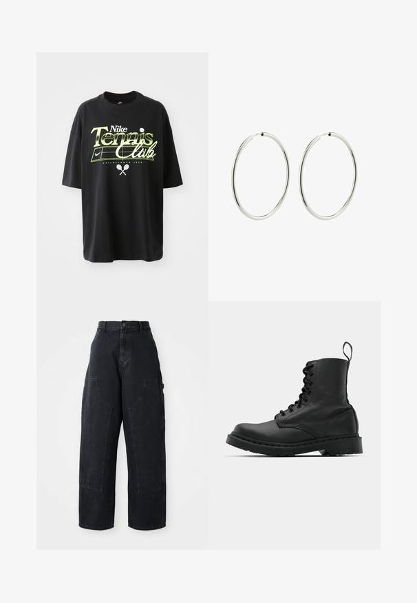 Black cotton t-shirt with short sleeves, featuring green and white "Nike Tennis Club" graphic, tennis ball, and racket illustrations.; Black denim wide-leg cargo pants with a high waist, two large front pockets, and a button closure at the waist. Smooth texture, casual design.; Black leather combat boot with a round toe, lace-up front, and a pull tab at the ankle. Features a thick rubber sole for durability.; Silver hoop earrings with a smooth, polished finish. Circular shape, consistent width, designed for easy fastening. Simple and elegant.