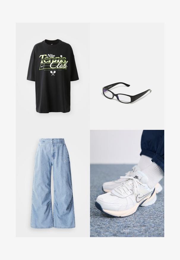 Fekete pamut póló rövid ujjakkal, zöld és fehér "Nike Tennis Club" grafikával, teniszlabda és ütő illusztrációkkal.; Nike Sportswear PANT - Laza szabású farmerek - lt armory blue; Fehér és világoskék hálós felsőrésszel rendelkező Nike sportcipők, vastag talppal, fűzős záródással és tengerészkék swoosh díszítéssel.; Fekete téglalap alakú szemüveg, átlátszó lencsékkel. Fényes felület, keskeny szárak, és lila árnyalat látható a lencsék szélén.