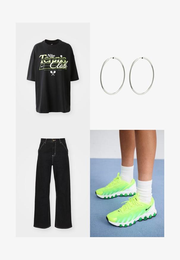 Svart bomullst-shirt med kort ärm, med en grön och vit grafik av "Nike Tennis Club", samt illustrationer av en tennisboll och en racket.; Svarta vida jeans i denim, med kontrasterande vit sömnad och framknäppning, samt två snedställda framfickor.; Neongröna sportskor med en texturerad ovandel, vit sula och gröna detaljer. Har snören, en svart logga och en rundad form.; Silver hoops med en smidig, polerad yta. Cirkulär form, konsekvent bredd, designade för enkel knäppning. Enkla och eleganta.