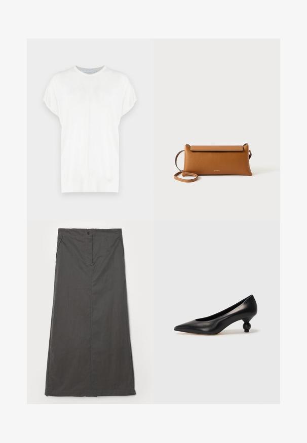 White short-sleeve knit top with a round neckline, featuring a smooth texture and subtle seam detailing on the front.; Gray skirt made from a lightweight material, featuring a straight design, front pockets, a single button closure, and subtle stitching details.; Black leather high heel shoe with a pointed toe and a round, balled heel. Smooth texture with a sleek, minimal design.; Brown leather clutch bag, rectangular shape, textured surface, detachable strap, zip closure, subtle logo embossed on front.