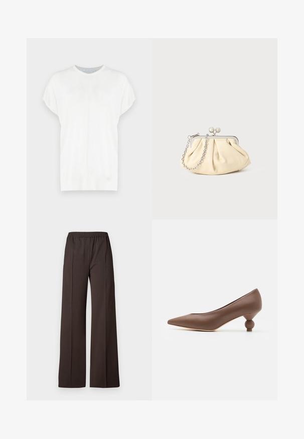 White short-sleeve knit top with a round neckline, featuring a smooth texture and subtle seam detailing on the front.; Wide-leg trousers in dark brown fabric with an elastic waistband, featuring a smooth texture and clean lines for a tailored look.; Brown leather pointed-toe pump with a unique rounded ball heel. Smooth texture, sleek design, and minimalistic detailing.; Pleated beige leather clutch with a silver metal frame, featuring two round decorative clasps and a silver chain strap.