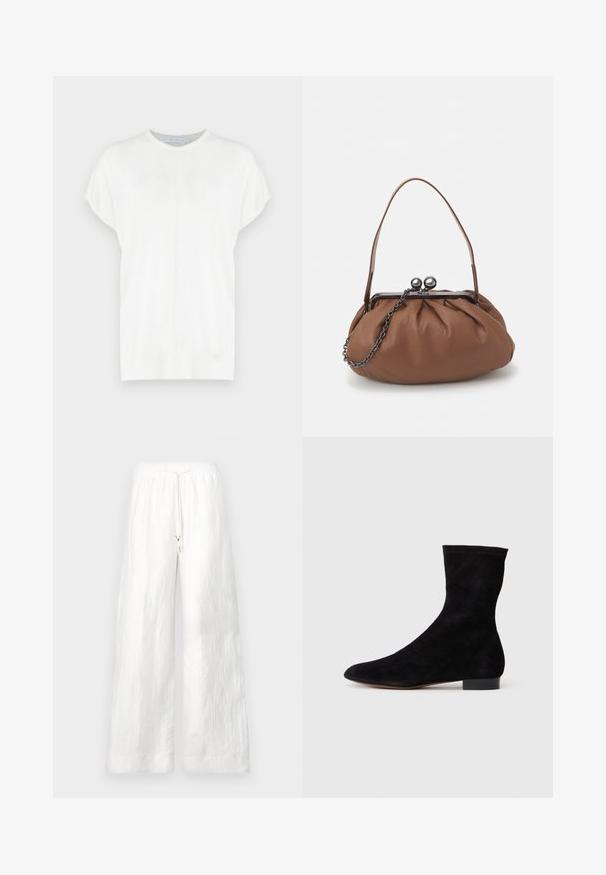Biała krótkosweterowa bluzka z okrągłym dekoltem, o gładkiej fakturze i subtelnymi szwami z przodu.; Białe lniane spodnie szerokie w nogawkach z elastycznym pasem i sznurkiem. Charakteryzują się gładką fakturą i luźnym krojem. Nie mają widocznych kieszeni.; Czarne zamszowe botki za kostkę z dopasowaną cholewką, spiczastym noskiem i niskim blokowym obcasem. Gładka faktura i minimalistyczny design, odpowiednie do wszechstronnych stylizacji.; Brązowa skórzana torebka na ramię z marszczonym wzorem, krótkim skórzanym uchwytem i łańcuszkowym paskiem. Posiada srebrny metalowy zamek z dwoma okrągłymi akcentami.