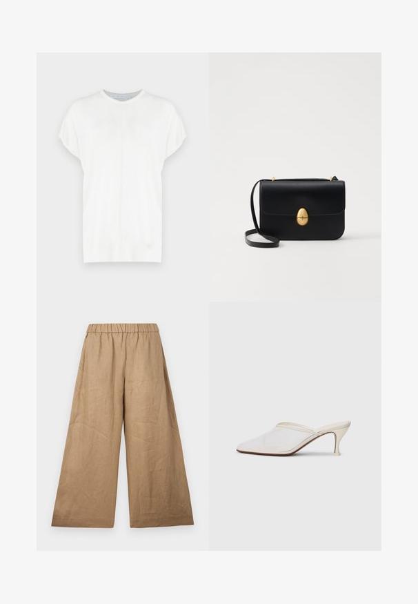 Top alb cu maneci scurte din tricot, cu un decolteu rotund, având o textură netedă și detalii subtile de cusături în față.; Pantaloni largi din in de culoare bej deschis, cu un brâu elastic plisat și un finisaj neted, texturat.; Mule alb cu plasă, cu vârf ascuțit, toc subțire de înălțime medie și design slip-on, pe un fundal simplu.; Geantă de mână din piele neagră, cu o formă rectangulară structurată. Are un capac oval auriu și o curea subțire pentru umăr. Textură netedă.