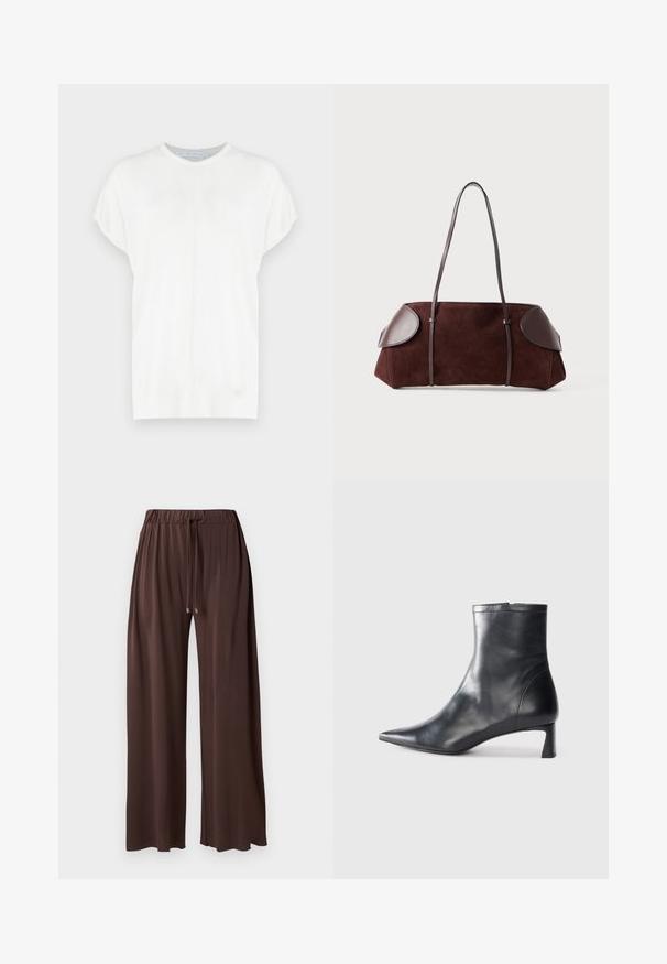Bela kratka pletena majica s kratkimi rokavi in okroglo ovratnikom, ki se ponaša z gladko teksturo in subtilnimi šivi na sprednji strani.; Rjavi široki hlače z elastičnim pasom, nastavljivo vrvico in gladko teksturo. Imajo srebrne kovinske konice na vrvici.; Črne usnjene gležnjarje s šiljastim nosom in elegantnim dizajnom. Imajo nizko peto in zadrgo na zadnji strani. Gladka tekstura.; Rjave nubuk torba z usnjenimi dodatki, strukturirane oblike, dvojni naramnice in zaobljeni robovi, z gladko teksturo in minimalnimi kovinskimi elementi.