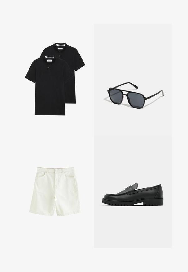 Due magliette polo nere, con maniche corte, in cotone, con colletto classico, pattina a due bottoni e dettagli a righe bianche all'interno del colletto.; Shorts in denim bianco con taglio dritto, dotati di cinque tasche, chiusura frontale con bottone e cuciture a vista. Texture liscia.; Mocassini in pelle nera con punta rotonda, caratterizzati da un design cucito, suola piatta bassa e un battistrada in gomma testurizzata e scolpita.; Occhiali da sole neri con montatura ottagonale, lenti scure, finitura lucida, aste sottili e dettagli dorati sul davanti.