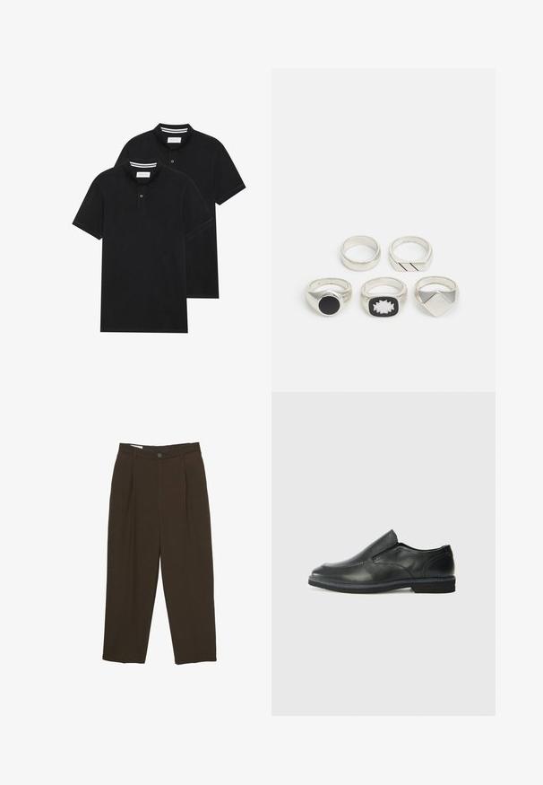Dva crna polo majice, kratki rukavi, pamučni materijal, sa klasičnom ovratnikom, čepom sa dva gumba i bijelim prugastim detaljima unutar ovratnika.; Tamno smeđi krojeni hlače s prednjim plisama, s petljama za remen i dugmetom za zatvaranje u struku.; Crne kožne cipele na sklapanje s glatkom gornjom površinom, prošivenim detaljima, zaobljenim vrhom i niskim gumene potplate. Potplat ima minimalne uzorke.; Pet srebrne prstenje: jedan s crnim kružnim detaljem, jedan s bijelim i crnim geometrijskim uzorkom, a ostali s različitim oblicima i završnim obradama.