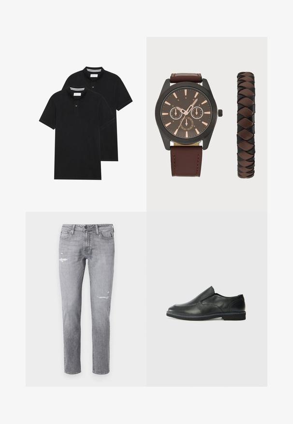 Dvě černé polokošile s krátkým rukávem z bavlny, s klasickým límcem, dvouknoflíkovou légou a bílými pruhovanými akcenty uvnitř límce.; Světle šedé džíny ze džínoviny, s distressed oblastmi a rovně střiženými nohavicemi. Klasický pětipocket design s kovovými detaily.; Černá kožená nazouvací bota s hladkým svrškem, prošívanými detaily, zaoblenou špičkou a nízkým gumovým podpatkem. Podešev má minimální vzorek.; Pier One SET - Hodinky - black/brown