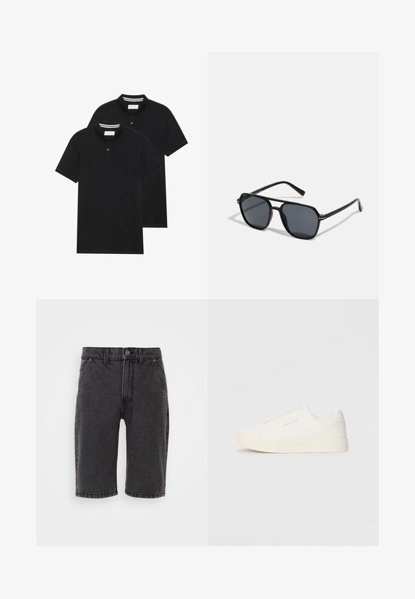 Dos camisetas polo negras, de manga corta, de material de algodón, que presentan un cuello clásico, una tapeta de dos botones y acentos de rayas blancas en el interior del cuello.; Pantalones cortos de mezclilla negra con un corte recto, que cuentan con cierre de botón y cremallera, cinco bolsillos y detalles de costura sutiles.; Zapatillas blancas tipo slip-on con una superficie texturizada, suela gruesa y diseño minimalista. Presenta el logo de la marca en un lado.; Gafas de sol negras con montura octogonal, lentes oscuros, acabado brillante, varillas delgadas y acentos dorados en la parte frontal.