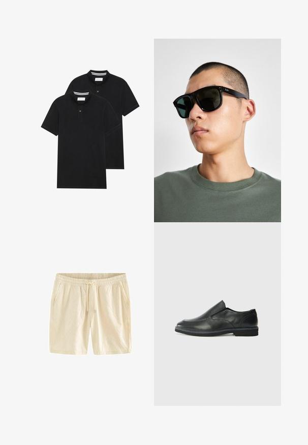 Due magliette polo nere, con maniche corte, in cotone, con colletto classico, pattina a due bottoni e dettagli a righe bianche all'interno del colletto.; Pantaloni corti beige chiaro con vita elastica, chiusura con cordoncino e delicati motivi a foglia impressi sul tessuto. Include tasche laterali.; Scarpa nera in pelle con inserto scivolare, superiore liscio, dettagli cuciti, punta arrotondata e tacco in gomma basso. La suola presenta un battistrada minimale.; Occhiali da sole rettangolari neri con lenti scure, caratterizzati da una forma distintiva e un marchio sulla parte tempiale. Indossati da una persona con una maglietta verde.