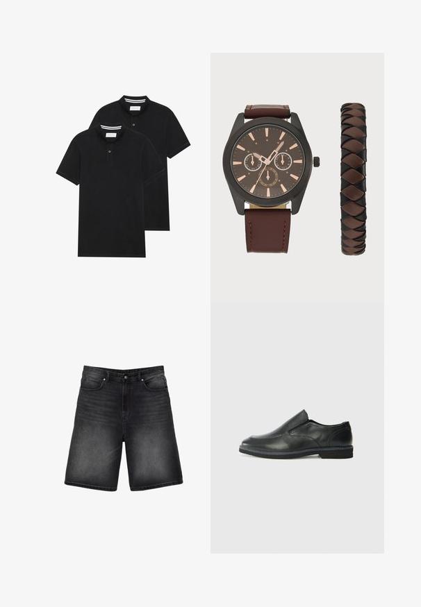 Două tricouri polo negre, cu mânecă scurtă, din material de bumbac, având un guler clasic, deschidere cu două butoane și accente albe cu dungi în interiorul gulerului.; Shorts din denim negru cu o croială confortabilă, design cu cinci buzunare, cusături vizibile și o textură netedă. Detalii uzate aproape de tiv.; Pantof de piele neagră, tip slip-on, cu un superior neted, accente cusute, vârf rotunjit și un toc jos din cauciuc. Talpa are un profil minim de aderență.; Pier One SET - Ceas de mână - black/brown