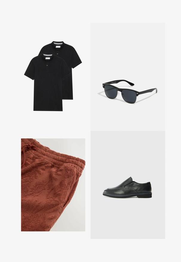 Två svarta polo t-shirts, kortärmade, i bomullsmaterial, med en klassisk krage, tvåknappsslutning och vita randiga accenter inuti kragen.; Terrakotta sweatpants med ett strukturerat blommönster, elastisk midja med dragsko och mjukt, plyschigt tyg för komfort.; Svart lädersko i slip-on-modell med en slät ovandel, sömnadsdetaljer, rund tå och låg gummihäl. Sulan har minimal mönstring.; Svarta solglasögon med rektangulär form, mörka linser, silverdetaljer vid skalmarna och en matt yta på ramen.