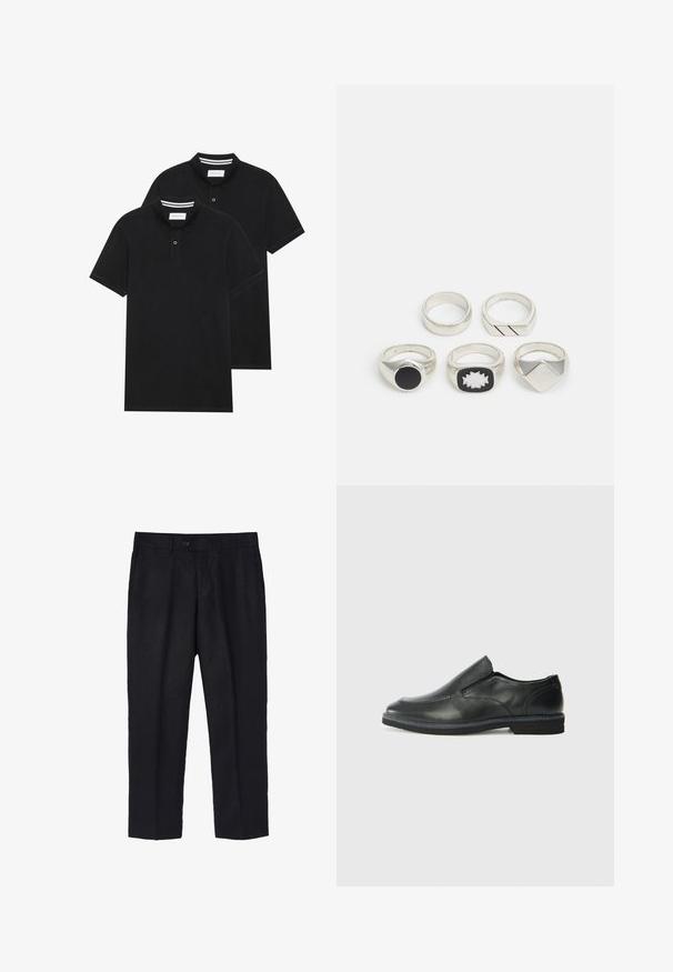 Zwei schwarze Polohemden, kurzärmlig, aus Baumwolle, mit einem klassischen Kragen, zwei Knöpfen und weißen Streifenakzenten im Inneren des Kragens.; Schwarze Leinenhose mit taillierter Passform, ausgestattet mit einem einzelnen Frontknopf, Falten und geradem Bein. Glatte Textur mit leichtem Finish.; Schwarze Leder-Slipper mit glattem Obermaterial, gesteppten Akzenten, runder Zehenpartie und niedrigem Gummiabsatz. Die Sohle hat ein minimales Profil.; Fünf silberne Ringe: einer mit einem schwarzen kreisförmigen Detail, einer mit einem weiß-schwarzen geometrischen Muster und andere mit verschiedenen Formen und Oberflächenbehandlungen.; Fünf silberne Ringe: einer mit einem schwarzen kreisförmigen Detail, einer mit einem weiß-schwarzen geometrischen Muster und andere mit verschiedenen Formen und Oberflächenbehandlungen.