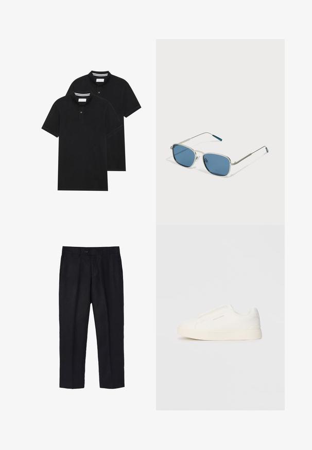 Du žaidimų juodos polo marškiniai, trumpomis rankovėmis, pagaminti iš medvilnės, su klasikinėmis apykaklėmis, dviem mygtukais priekyje ir baltais dryžiais apykaklės viduje.; Juodi lininiai kelnių su pritaikytu siluetu, turintys vieną priekinį mygtuką, klostes ir tiesias kojas. Sklandus paviršius su lengvu apdailos efektu.; Baltos slip-on sportbačiai su tekstūruota paviršiumi, storesniu padu ir minimalistišku dizainu. Šone matosi prekės ženklo logotipas.; Akiniai nuo saulės su sidabro metalo rėmu, stačiakampiais mėlynais objektyvais ir plonomis kojelėmis. Akcentai mėlynos spalvos ant šventyklų galiukų.