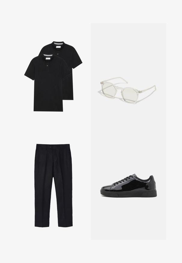 Divas melnas polo krekli, īsām piedurknēm, no kokvilnas materiāla, ar klasisku apkakli, divu pogu aizdari un balti svītroti akcenti apkakles iekšpusē.; Melnas lina bikses ar piegriezumu, kas ir pielāgots, ar vienu priekšējo pogu, krokām un taisnām kājām. Gluda tekstūra ar vieglu apdari.; Melnas patentētas ādas kedas ar apaļu purngalu, platu gumijas zoli un melnām auklām. Gluda, spīdīga tekstūra augšējā virsmā.; Apaļi saulesbrilles ar caurspīdīgu rāmi, gaiši zaļām lēcām un plānām, caurspīdīgām kājām. Rāmī ir izsmalcināti metāla akcenti.; Baltas pērļu kaklarota ar vienmērīgu apaļu formu, gludu virsmu un metāla aizdari ar pagarinājuma ķēdi regulējamai garumam.