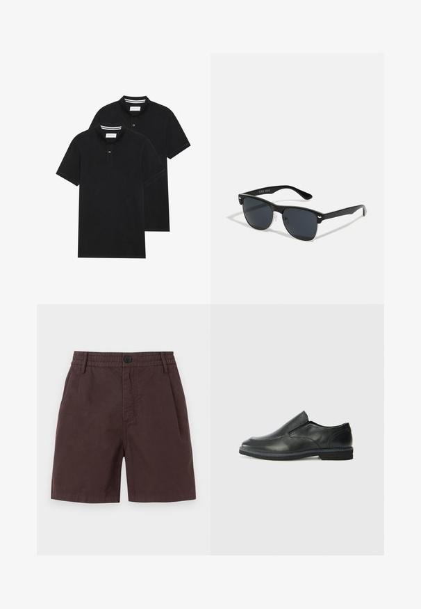 Kaksi mustaa lyhythihaista poolopaitaa, puuvillamateriaalia, joissa on klassinen kaulus, kahden napin napitus ja valkoiset raidat kauluksen sisällä.; Ruske puuvillashortsit, joissa on elastne vöökoht ja ühe nööbi sulgemine. Omab küljetaskuid ja sujuvat tekstuuri.; Musta nahkainen liukujalkine, jossa on sileä pinta, ommeltuja yksityiskohtia, pyöristetty kärki ja matala kumipohja. Pohjassa on minimaalinen pito.; Mustat aurinkolasit, joilla on suorakulmainen muoto, tummat linssit, hopeiset yksityiskohdat temppeleissä ja matta pinta kehykset.