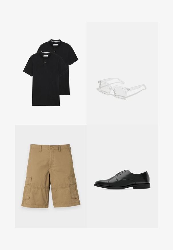 Zwei schwarze Polohemden, kurzärmlig, aus Baumwolle, mit einem klassischen Kragen, zwei Knöpfen und weißen Streifenakzenten im Inneren des Kragens.; Cargo-Shorts aus khakifarbenem Stoff mit geradem Schnitt, ausgestattet mit zwei Seitentaschen und einem Knopfverschluss am Bund. Glatte Textur über die gesamte Hose.; Schwarzer Leder-Dieerschuh mit runder Zehenform, Schnürdesign, dezenten Nähdetails und niedrigem Absatz. Glatte Textur mit polierter Oberfläche.; Klare rechteckige Sonnenbrille mit einem dicken Kunststoffrahmen, die leicht getönte Gläser und keine zusätzlichen Muster oder Akzente aufweist.