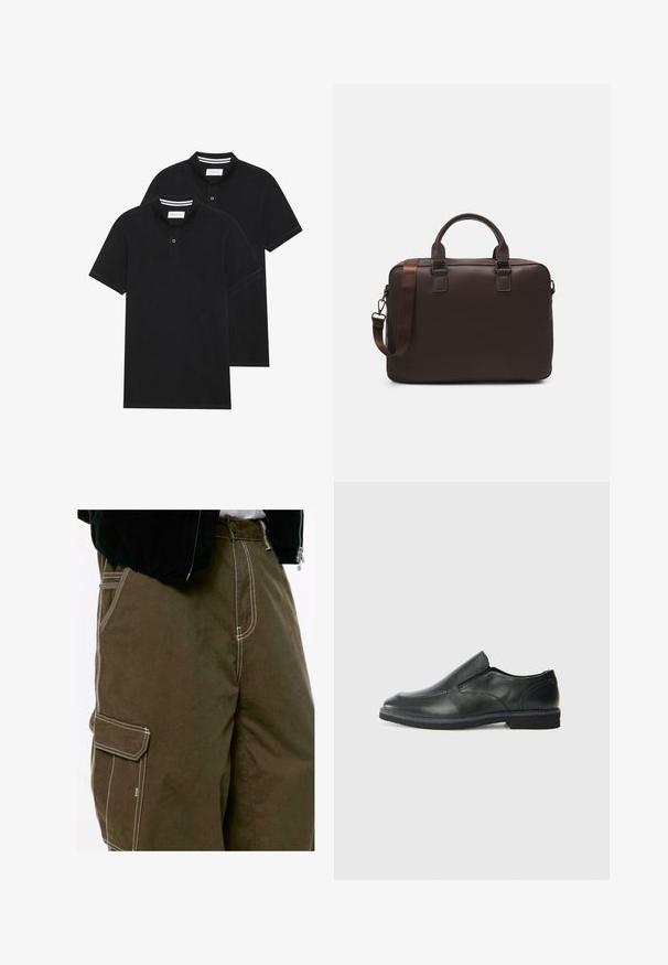 Due magliette polo nere, con maniche corte, in cotone, con colletto classico, pattina a due bottoni e dettagli a righe bianche all'interno del colletto.; Primo piano di pantaloni cargo verde oliva scuro con impunture bianche a contrasto e una linguetta della tasca laterale, indossati con una giacca nera e una camicia bianca.; Scarpa nera in pelle con inserto scivolare, superiore liscio, dettagli cuciti, punta arrotondata e tacco in gomma basso. La suola presenta un battistrada minimale.; Borsa per laptop in pelle marrone con superficie texturizzata, doppi manici superiori, cinturino regolabile e due fibbie frontali per un tocco di originalità.