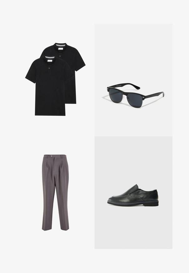 Dva crna polo majice, kratki rukavi, pamučni materijal, sa klasičnom ovratnikom, čepom sa dva gumba i bijelim prugastim detaljima unutar ovratnika.; Sive plisirane hlače od glatkog materijala, s dizajnom ravnih nogavica, jednim gumbom za kopčanje i koso rezanim bočnim džepovima.; Crne kožne cipele na sklapanje s glatkom gornjom površinom, prošivenim detaljima, zaobljenim vrhom i niskim gumene potplate. Potplat ima minimalne uzorke.; Crne sunčane naočale pravokutnog oblika, tamne leće, srebrni detalji na sljepoočnicama i matirajuća završna obrada okvira.