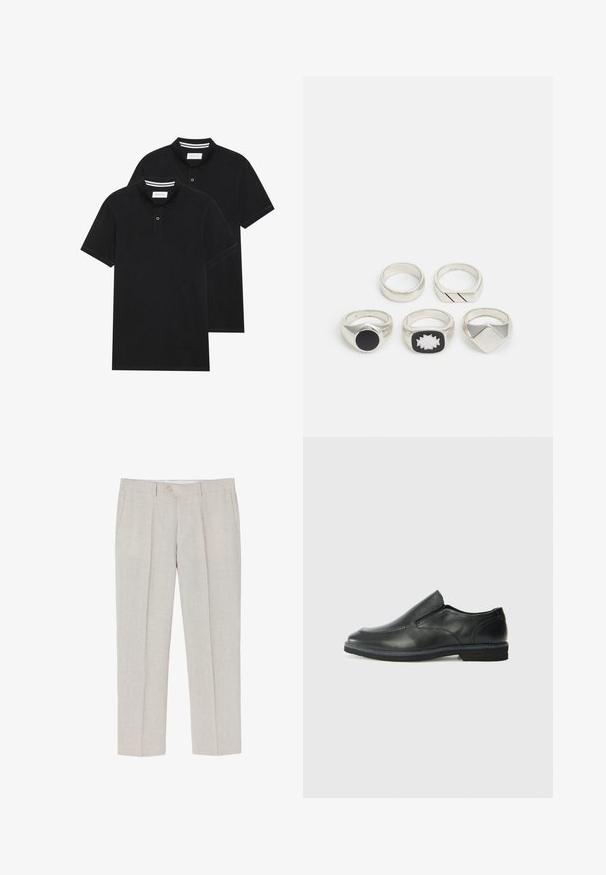 Dve črne polo majice, kratke rokave, iz bombažnega materiala, z klasik ovratnikom, dvobodno zaponko in belimi črtkami znotraj ovratnika.; Svetlo bež lanene hlače s ravnim nogavicami, subtilno teksturo, dvema sprednjima žepoma in enojnim gumbom za zapiranje v pasu.; Črne usnjene natikače z gladkim zgornjim delom, prišitimi detajli, zaobljenim nosom in nizkim gumijastim petkom. Podplat ima minimalen profil.; Pet srebrne prstane: eden s črnim krožnim detajlom, eden z belim in črnim geometričnim vzorcem ter ostali z različnimi oblikami in finiši.