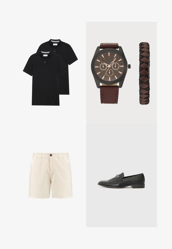 Kaksi mustaa lyhythihaista poolopaitaa, puuvillamateriaalia, joissa on klassinen kaulus, kahden napin napitus ja valkoiset raidat kauluksen sisällä.; Beige puuvillashortsit, joissa on nappikiinnitys, joustava vyötärö ja sivutaskut. Yksinkertainen malli suoran leikkauksen ja ilman näkyviä kuvioita.; Musta nahkakengät, joissa on sileä pinta, koristeelliset ompeleet ja metalliketjun yksityiskohta kengän päällä. Littee korko.; Pier One SET - Rannekello - black/brown; Pier One SET - Rannekello - black/brown