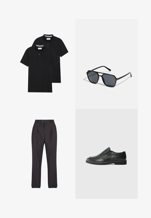 Dvě černé polokošile s krátkým rukávem z bavlny, s klasickým límcem, dvouknoflíkovou légou a bílými pruhovanými akcenty uvnitř límce.; Černé kalhoty na míru z hladké tkaniny, s předními sklady, jedním knoflíkem na zapínání a rovnými nohavicemi bez viditelných vzorů.; Černá kožená nazouvací bota s hladkým svrškem, prošívanými detaily, zaoblenou špičkou a nízkým gumovým podpatkem. Podešev má minimální vzorek.; Černé sluneční brýle s osmiúhelníkovým rámem, tmavými čočkami, lesklým povrchem, tenkými nožičkami a zlatými akcenty na přední části.