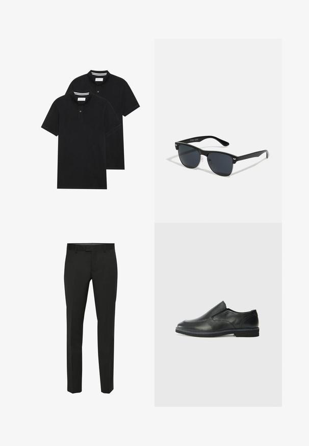 Dvě černé polokošile s krátkým rukávem z bavlny, s klasickým límcem, dvouknoflíkovou légou a bílými pruhovanými akcenty uvnitř límce.; Černé kalhoty s rovnými nohavicemi, hladkou texturou a plochým předním dílem. Obsahují pas se smyčkami na opasek a jemné švy.; Černá kožená nazouvací bota s hladkým svrškem, prošívanými detaily, zaoblenou špičkou a nízkým gumovým podpatkem. Podešev má minimální vzorek.; Černé sluneční brýle s obdélníkovým tvarem, tmavými skly, stříbrnými akcenty na spáncích a matným povrchem rámu.; Bílý perlový náhrdelník s jednotnou kulatou siluetou, hladkým povrchem a kovovou sponou s prodlužovacím řetízkem pro nastavitelné délky.