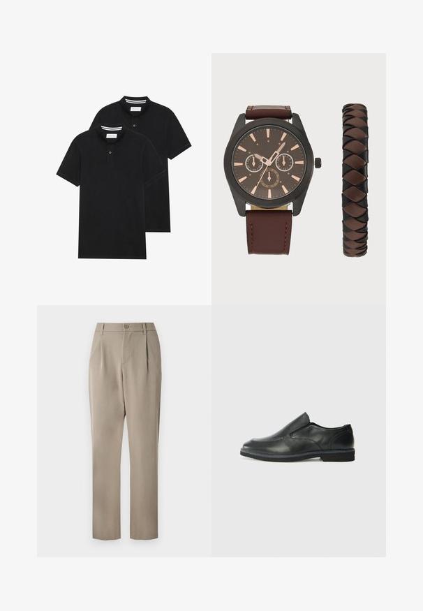 Deux polos noirs, à manches courtes, en coton, avec un col classique, une patte de boutonnage à deux boutons, et des accents rayés blancs à l'intérieur du col.; Pantalon khaki avec une coupe droite, doté d'une fermeture à bouton et d'un devant plissé. Fabriqué en tissu lisse avec une finition mate.; Chaussure slip-on en cuir noir avec une tige lisse, des accents cousus, un bout arrondi et un petit talon en caoutchouc. La semelle présente un profil de traction minimal.; Pier One SET - Montre - black/brown; Pier One SET - Montre - black/brown