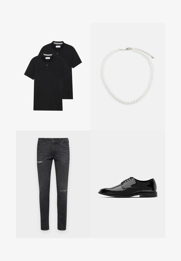 Duas camisetas polo pretas, de manga curta, em material de algodão, com colarinho clássico, abertura com dois botões e detalhes em riscas brancas no interior do colarinho.; Jeans skinny pretos feitos de denim, com detalhes desgastados nos joelhos, design de cinco bolsos e um fecho clássico com botão e zip.; Sapata de vestido em pele envernizada preta com biqueira arredondada, design com atacadores e superfície lisa e brilhante. Apresenta uma sola de borracha de perfil baixo.; Colar de pérolas brancas com forma redonda uniforme, superfície lisa e fecho metálico com corrente de extensão para ajuste de comprimento.