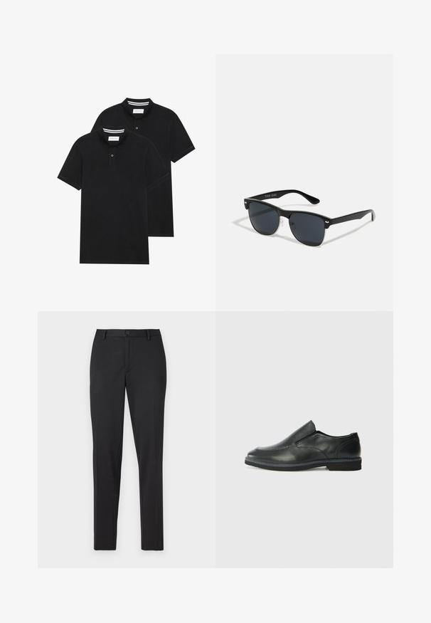 Divas melnas polo krekli, īsām piedurknēm, no kokvilnas materiāla, ar klasisku apkakli, divu pogu aizdari un balti svītroti akcenti apkakles iekšpusē.; Melni piegrieztie bikses, kas izgatavotas no gludas auduma, ar taisnu kāju dizainu, vienu pogu aizdari un diskrētām kabatām.; Melnas ādas slip-on kurpes ar gludu augšdaļu, izšūtām akcentiem, noapaļotu purngala daļu un zemu gumijas papēdi. Zole ar minimālu rakstu.; Melnas saulesbrilles ar taisnstūra formu, tumšiem stenģiem, sudraba akcentiem pie tempļiem un matētu apdari uz rāmja.