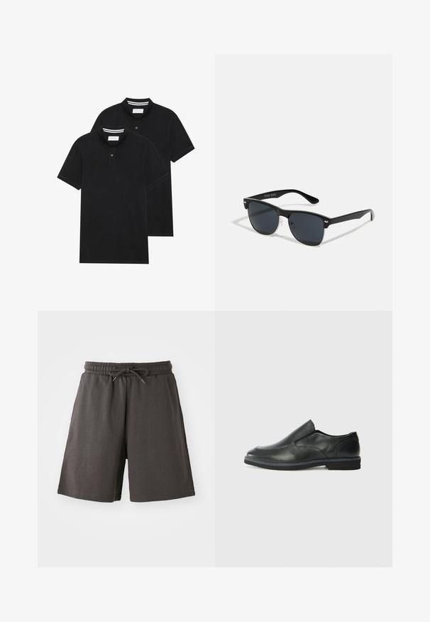 To sorte polo T-shirts, kortærmede, lavet af bomuldsstof, med en klassisk krave, to-knaps placket og hvide stribede detaljer indeni kraven.; Mørkegrå shorts lavet af blødt stof, med elastisk talje, justerbar snøring og knælang pasform. Glat tekstur, uden mønstre.; Sorte læder slip-on sko med en glat overdel, syede detaljer, rund tå og en lav gummihæl. Sålen har minimal profil.; Sorte solbriller med rektangulær form, mørke linser, sølvdetaljer ved tindingerne og en mat finish på stellet.