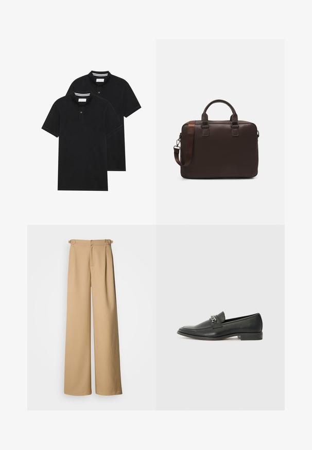 Kaks musta polo särki, lühikeste varrukatega, puuvillane materjal, klassikalise kraega, kahe nupuga kinnitusega, valgete triipudega krae sisepinnal.; Beezid laiats püksid kõrge vöökoht, volditud esiosa ja vööaasadega. Valmistatud siledast kangast, millel on puhas ja minimaalne disain.; Must haveate nahkking punased, millel on sile viimistlus, tikitud muster ja dekoratiivne metallkett vampi üle. Tasane konts.; Pruun nahast sülearvutikott, millel on tekstureeritud pind, kahekordsed ülemised käepidemed, reguleeritav rihm ja kaks esikinnitust, mis lisavad detaili.
